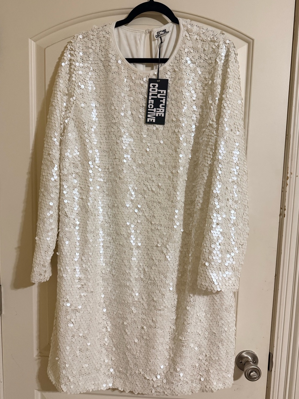 Future Collective White Sequin Long Sleeve Shift Dress